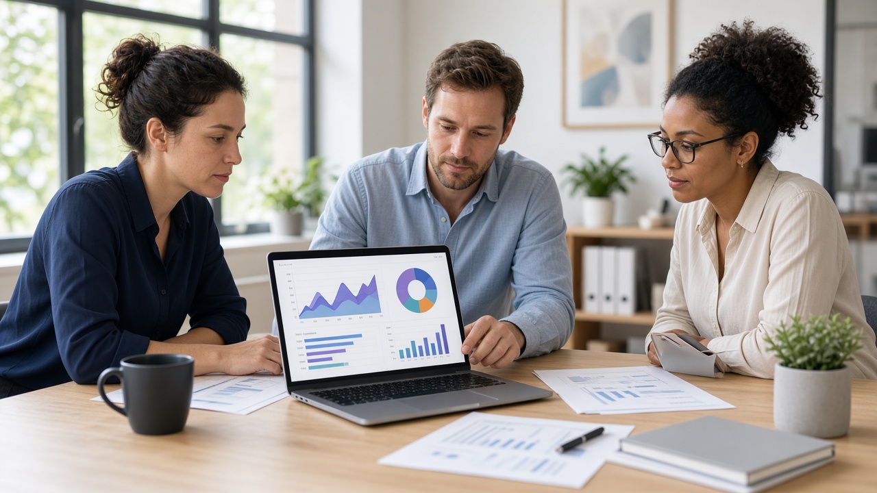 Team reviewing commercial numbers on a laptop